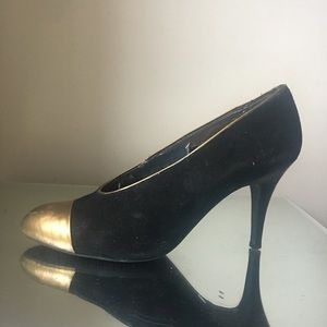 Gold Cap Toe Black Suede Pumps DKNY